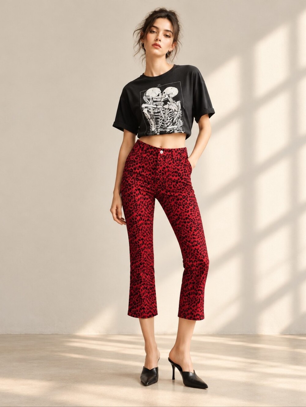 Vintage 90s Guess Red Ankle Pants Y2K Leopard Velvet Stretch Sz 29 Punk Grunge